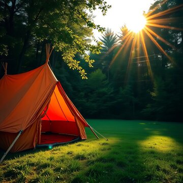 Tent with orange fabric and wooden poles, surrounded by lush green forest, warm evening sunlight casting long shadows, scenery, nature