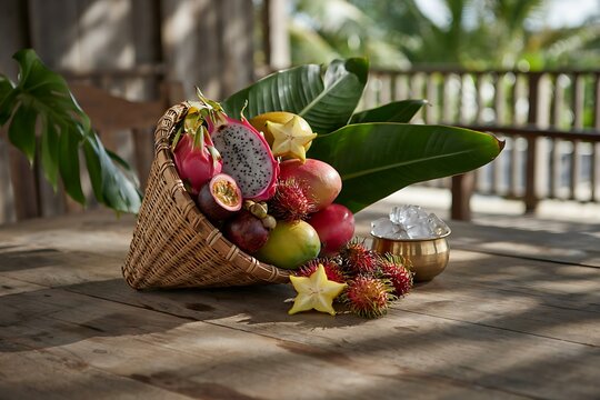 Tropical Fruit Basket with Ice Bowl on Rustic Wooden Table