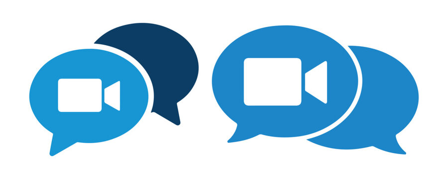 Blue speech bubbles with video camera icons representing online communication and video calls.