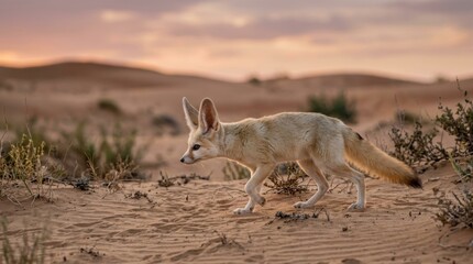 Fototapeta premium A fennec fox walking across the sandy dunes of the desert during a soft golden sunset hour