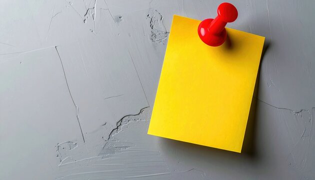 Yellow sticky note pinned with red push pin isolated on gray