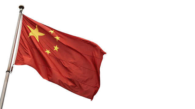 National flag of China blowing in wind on metallic flagpole isolated on transparent background
