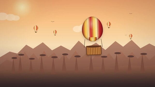 Cinematic 4K-style animation of colorful hot air balloons floating above the Cappadocia landscape in Turkey at sunrise, with fairy chimneys, mountains, clouds and atmospheric depth.