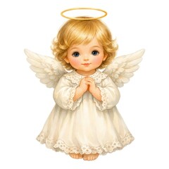 Fototapeta premium Illustration of a cute cherubic angel with wings and a halo, in a white gown.