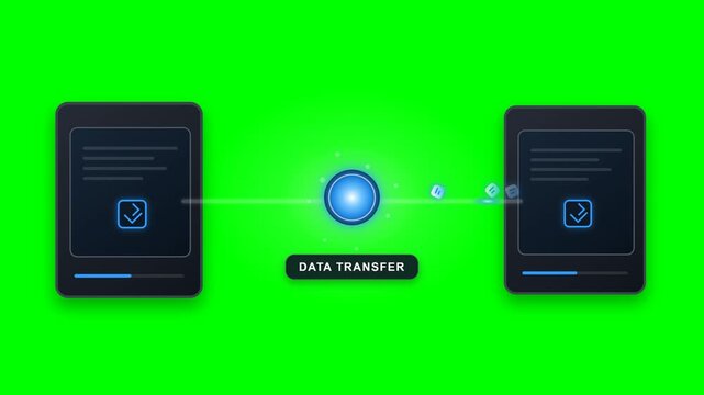 Professional data transfer animation on a bright green screen background, featuring two digital devices connected by a glowing data stream with moving packets, suitable for chroma key compositing, tec