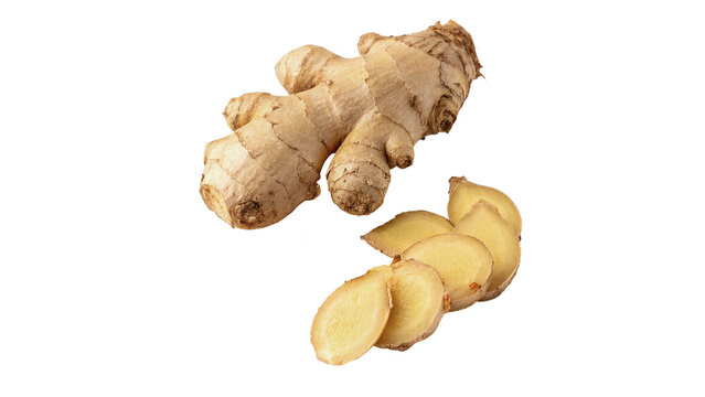 Fresh raw whole ginger root and separate slices aromatic spice isolated on transparent background