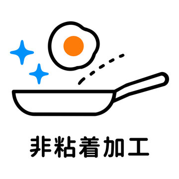 非粘着加工・フライパンと目玉焼きのアイコンピクトグラムと文字 Non-stick coating and fried egg icon pictograph and Japanese text