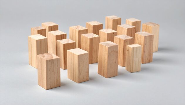 Blank wooden blocks showing different geometric perspectives on light gray