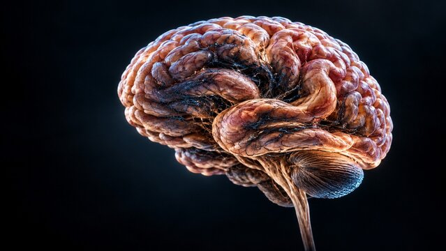 Human Brain Illustration on a Dark Background with Copy Space
