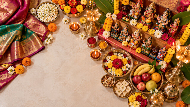 Traditional Indian Dasara Festival Background with Goddess Figurines, Flowers, Diyas and Banana Leaves | golu dolls during navaratri