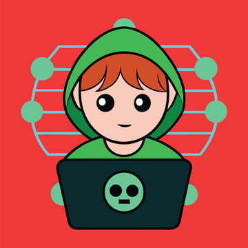 Hacker operating a laptop cartoon icon illustration. Technology icon concept isolated