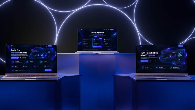 SaaS Website On Laptops Futuristic Neon Stage