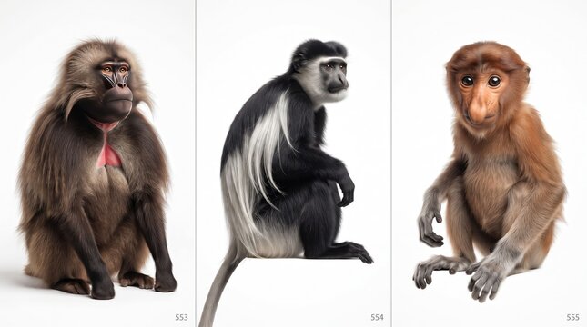 three different monkey species on white background