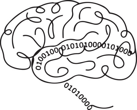 a black and white image of a brain with binary code.one line vector icon