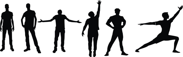 Fototapeta premium Silhouette men posing vector set, standing black male figures collection, isolated full body people shapes for graphic design