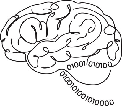 a black and white image of a brain with binary code.one line vector icon