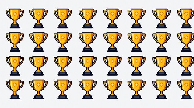 Twenty four identical gold trophies arranged in neat grid pattern. Rows, columns of yellow winner cups on light background. Collection of prize awards for competition success, victory, achievement,