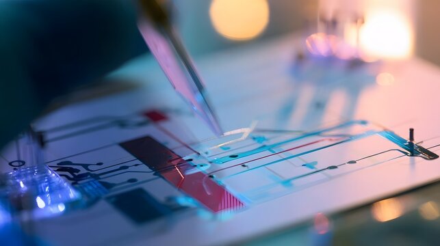 Close up of a transparent circuit board with colorful conductive traces and a precision tool in action under soft ambient lighting