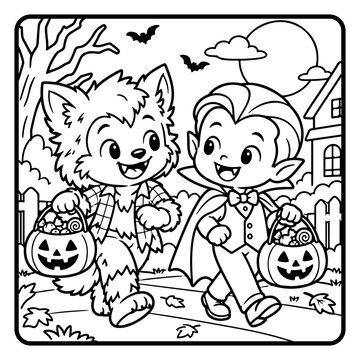 Wolf and Vampire Carrying Candy Halloween Children Coloring Page Line Art, Cute Spooky Cartoon Characters and Kids Activity