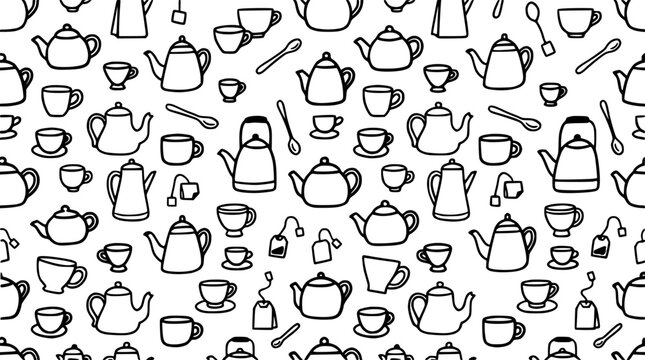 Hand Drawn Tea Pots and Cups Pattern