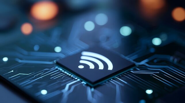 A close up view of a Wi Fi chip on a circuit board with glowing blue and orange lights in the background