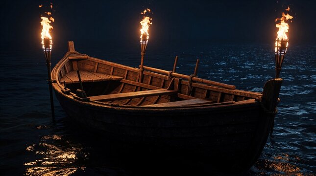 Old wooden boat floats on calm dark water at night. Burning torches on poles provide warm light, glow. Mysterious atmosphere with orange flames, deep blue ocean shadows. Cinematic scene shows empty