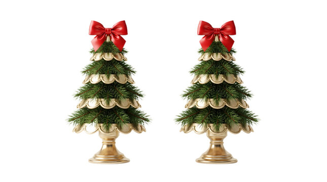 Two decorative christmas tree figurines with golden scalloped tiers, pine branches, and red bows on pedestals isolated on transparent background
