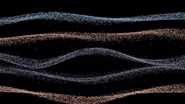 Abstract Particle Waves Flowing in Parallel Lines, Colorful Dotted Particle Streams on Black Background, Motion Graphics Background