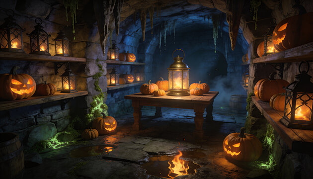 Enchanted Halloween scene with carved pumpkins, lanterns, and fire in a dark stone background.