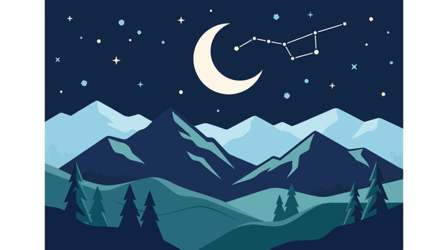 Flat vector night landscape with crescent moon, Big Dipper constellation, snowy mountains and pine forest under a starry dark blue sky