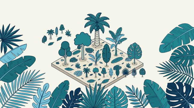 Isometric illustration of a tropical forest patch surrounded by stylized teal and blue leaves on a light background