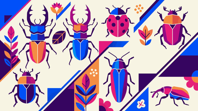 Colorful geometric beetle and insect pattern with ladybug, stag beetle, and abstract plants in flat vector style