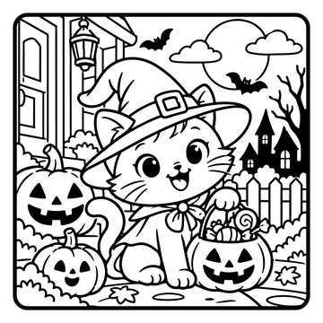 Cute Cat Wearing a Witch Costume Halloween Children Coloring Page Line Art, Cute Spooky Cartoon Characters and Kids Activity