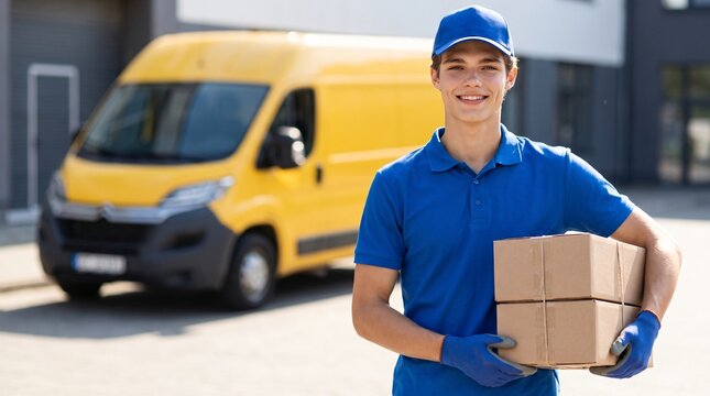 Delivery young man with parcel box