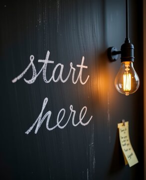Chalkboard Wall with Start Here Message and Vintage Edison Bulb in Creative Office Space