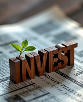 Wooden word 'INVEST' with green leaf on financial newspaper for business success