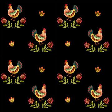 Colorful Folk Rooster and Floral Seamless Vector Pattern on Black on a transparent background