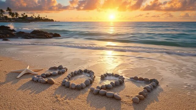 2027 written with beach pebbles as gentle ocean waves wash ashore generated.AI