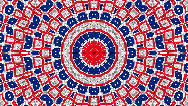 Abstract red white and blue geometric mandala kaleidoscope pattern motion graphics background loop
