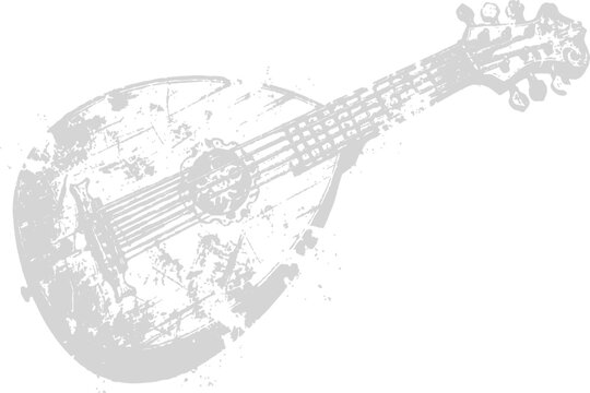 Distressed mandolin instrument with grunge texture on white background for graphic design elements