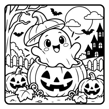 Cute Ghost Popping Out of a Pumpkin Halloween Children Coloring Page Line Art, Cute Spooky Cartoon Characters and Kids Activity