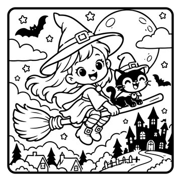 Witch and Cat Riding a Broomstick Together Halloween Children Coloring Page Line Art, Cute Spooky Cartoon Characters and Kids Activity
