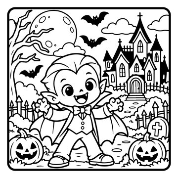 Cute Vampire Standing in Front of a Haunted House Halloween Children Coloring Page Line Art, Cute Spooky Cartoon Characters and Kids Activity