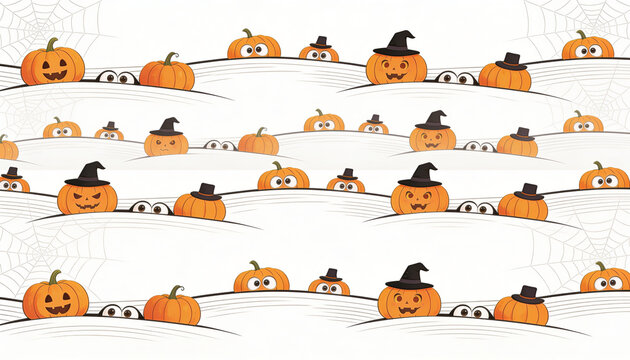 Cute cartoon Halloween pumpkins wearing doctor and nurse hats on wavy lines graphic background.