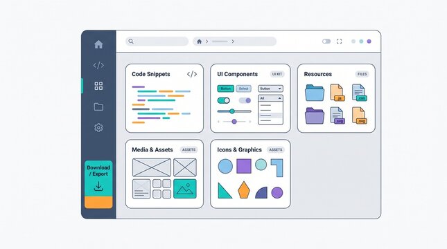 Minimalist digital interface dashboard showcasing a comprehensive software development toolkit with organized code snippets, UI components, file resources, and design assets