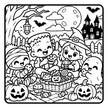 Cute Monsters Having a Halloween Picnic Halloween Children Coloring Page Line Art, Cute Spooky Cartoon Characters and Kids Activity