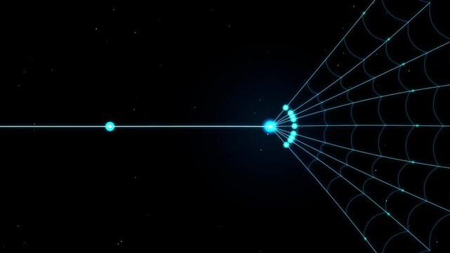Digital representation of a network connection expanding from a central point into a weblike structure against a dark space background