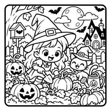 Cute Witch Gardening Pumpkins Halloween Children Coloring Page Line Art, Cute Spooky Cartoon Characters and Kids Activity
