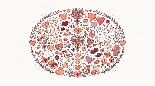 Hand drawn doodle collection of hearts and love elements for valentine day cards