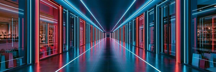 Fototapeta premium Futuristic Shopping Mall Corridor with Neon Lights and Shopping Bags for Black Friday Sales Event